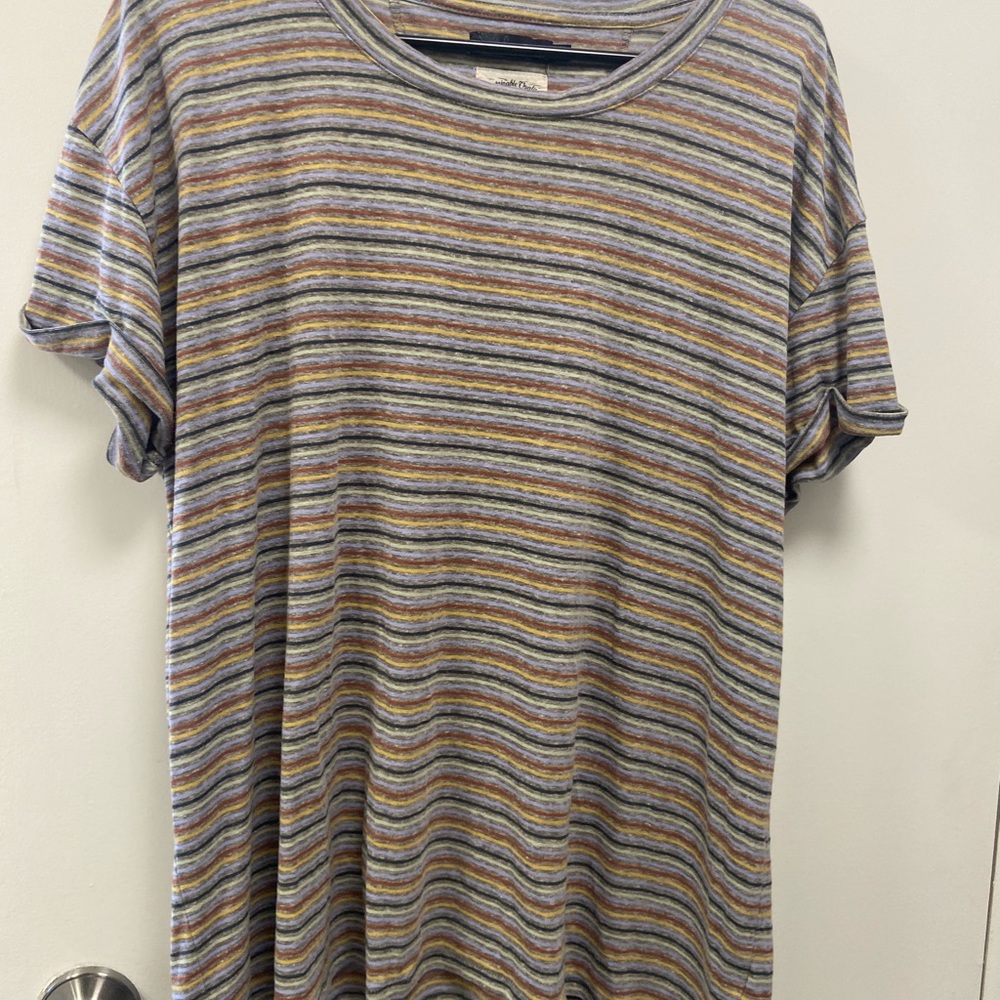 Prana women’s Multistripe Crewneck Tee in Gray, Blue, Yellow